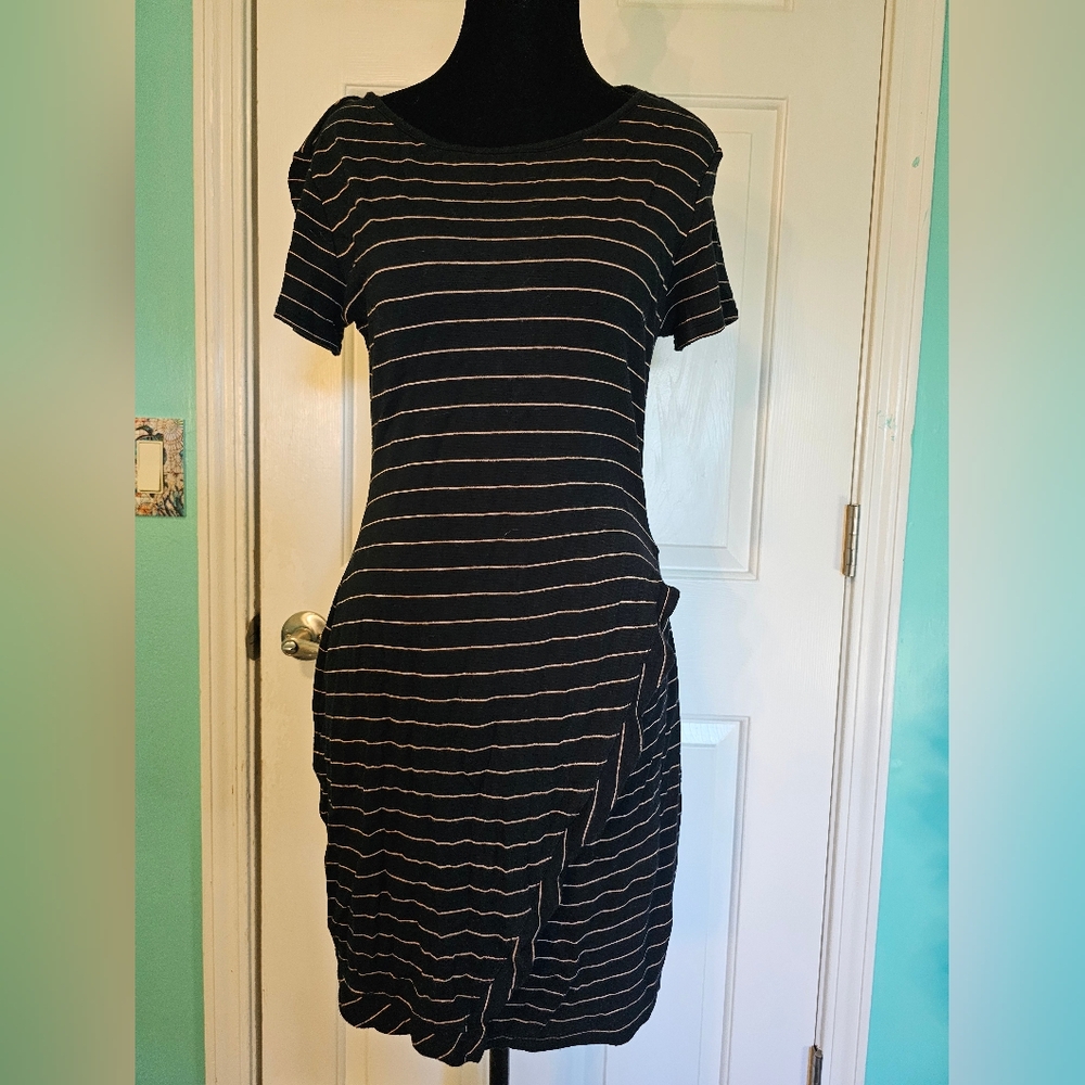 41 Hawthorn T-shirt Dress Black and Tan Stripes Faux Wrap Women's Sz M